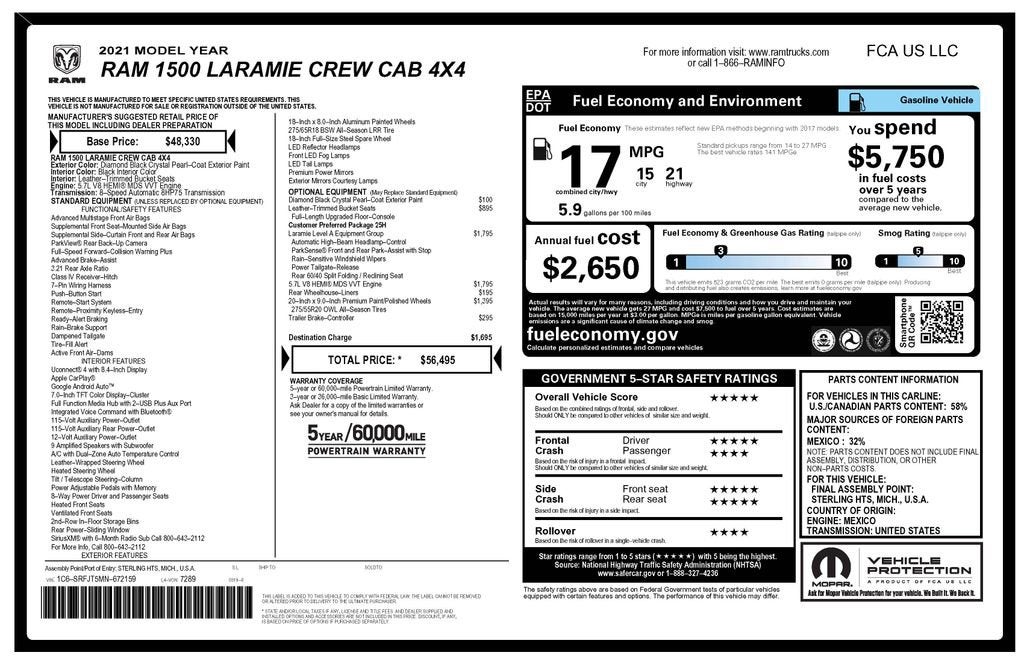 2021 RAM 1500 Laramie Crew Cab 4x4 5'7" Box