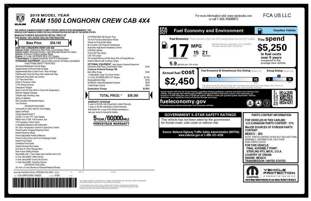 2019 RAM 1500 Longhorn Crew Cab 4x4 5'7" Box